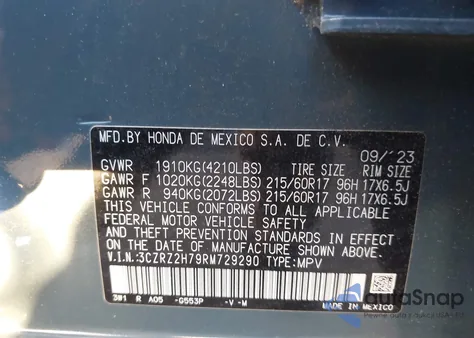 2024 Honda Hr-V Awd Ex-L/Awd Ex-L W/O Bsi из США, поврежденный, VIN 3CZRZ2H79RM729290